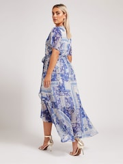 Yours Curve Blue London Scarf Print Wrap Ruffle Dress - Image 3 of 4