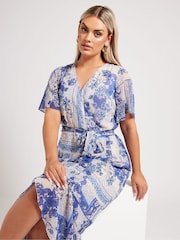 Yours Curve Blue London Scarf Print Wrap Ruffle Dress - Image 4 of 4