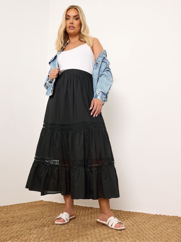 Yours Curve Black Tiered Maxi Skirt - Image 1 of 9
