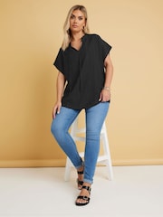 Yours Curve Black Texture Frill Neck Top - Image 1 of 9