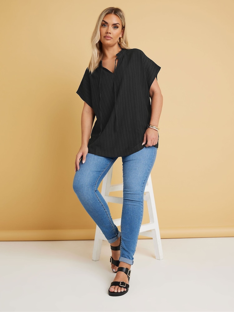Yours Curve Black Texture Frill Neck Top - Image 1 of 9