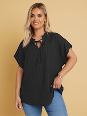 Yours Curve Black Texture Frill Neck Top - Image 3 of 9