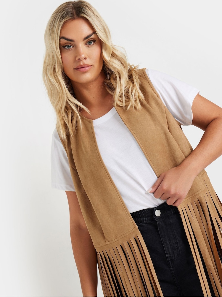 Yours Curve Brown Sudette Fringe Waistcoat - Image 4 of 4
