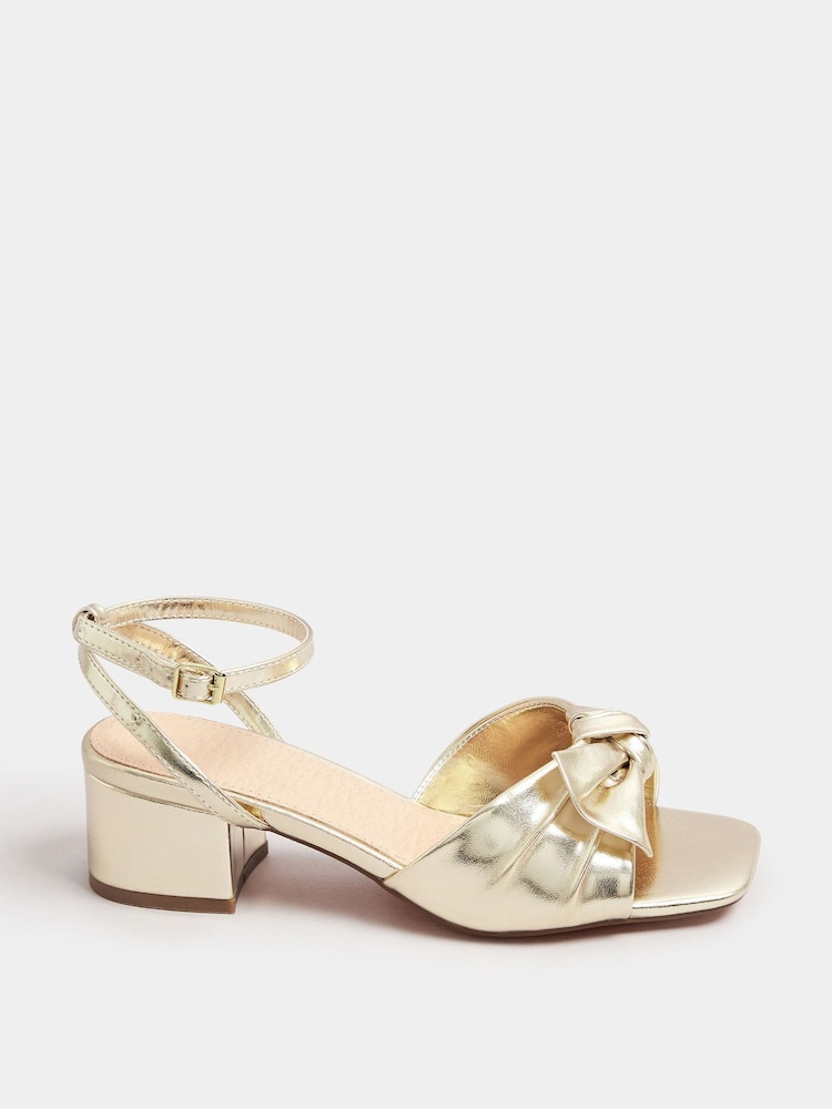 Yours Curve Gold Wide Fit Wide Fit Mid Block Bow Sandals - Image 2 of 5