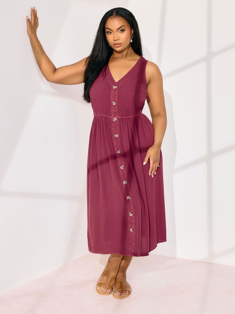 Yours Curve Red Sleeveless Button Chambray Midaxi Dress - Image 1 of 5