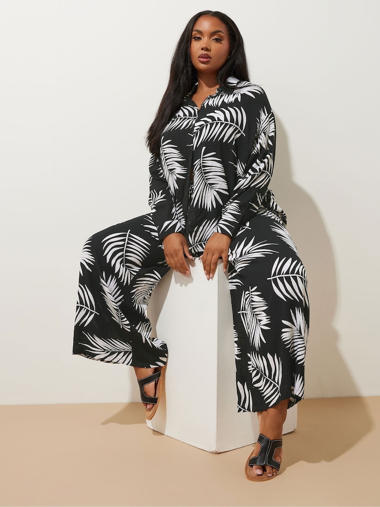 Yours Curve Black Wide Leg Crinkle Co-ord Trousers - Image 1 of 6