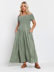 Yours Curve Green Shirred Bardot Chambray Dress - Image 1 of 5
