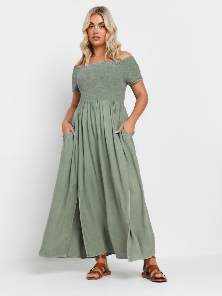 Yours Curve Green Shirred Bardot Chambray Dress - Image 1 of 5