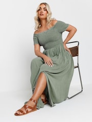 Yours Curve Green Shirred Bardot Chambray Dress - Image 2 of 5