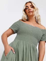 Yours Curve Green Shirred Bardot Chambray Dress - Image 4 of 5