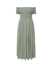 Yours Curve Green Shirred Bardot Chambray Dress - Image 5 of 5