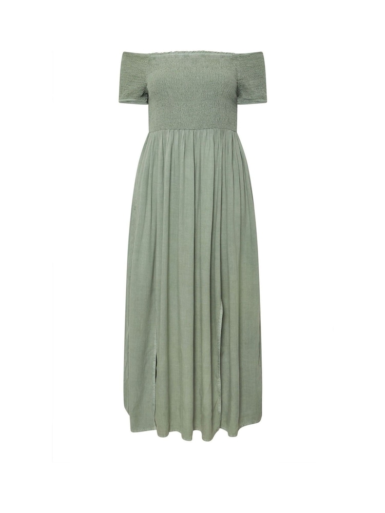Yours Curve Green Shirred Bardot Chambray Dress - Image 5 of 5