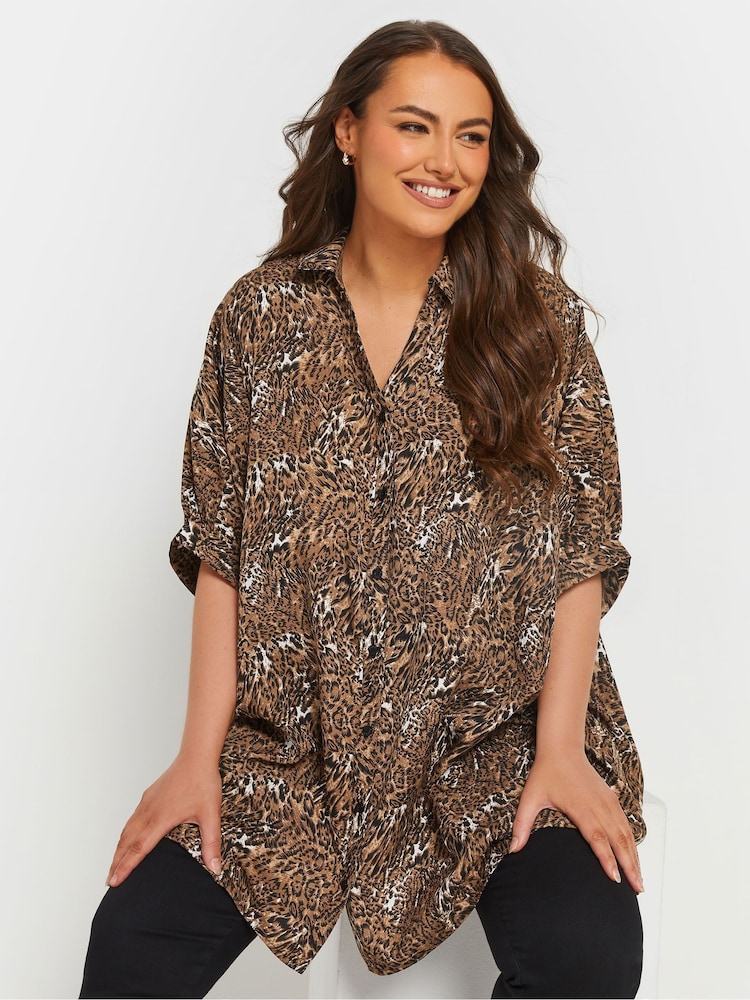 Yours Curve Brown Oversized Gathered Cuffed Shirt - Image 1 of 5 Yours Curve Brown Oversized Gathered Cuffed Shirt - Image 1 of 5