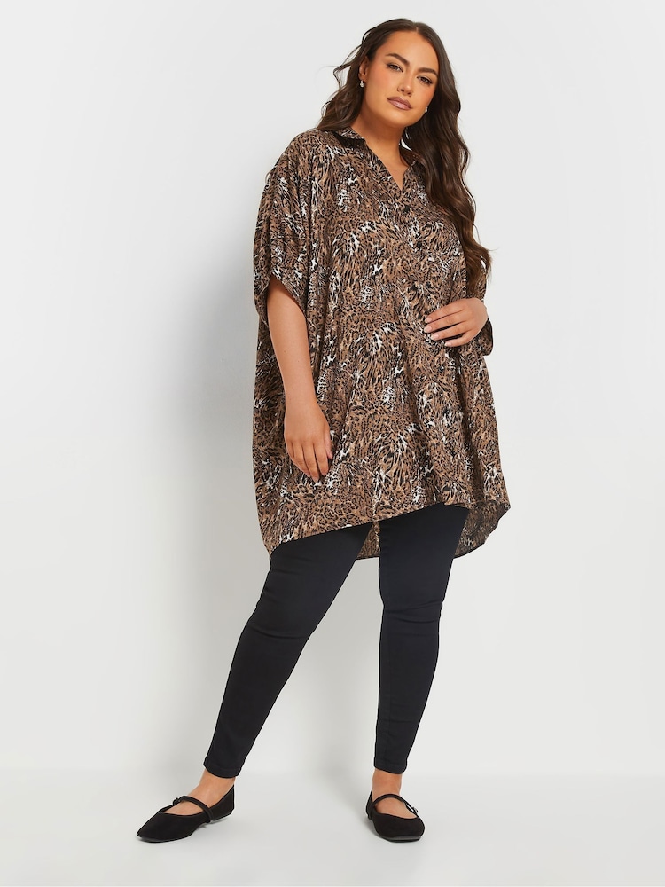 Yours Curve Brown Oversized Gathered Cuffed Shirt - Image 2 of 5 Yours Curve Brown Oversized Gathered Cuffed Shirt - Image 2 of 5