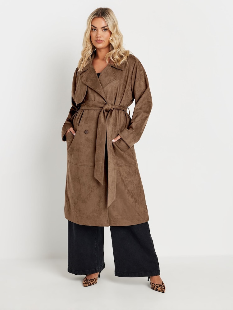 Yours Curve Brown Suede Trench Coat - Image 1 of 6