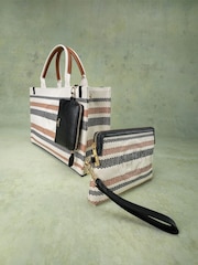 Dune London Brown Large Deltra Stripe Canvas Tote Bag - Image 1 of 6