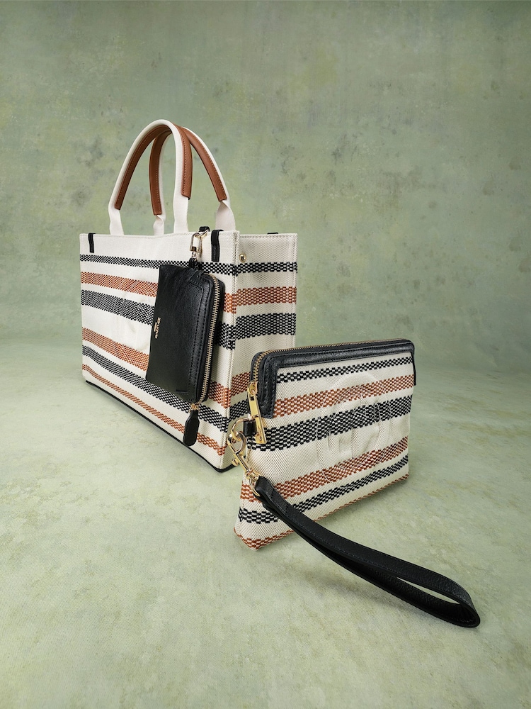 Dune London Brown Large Deltra Stripe Canvas Tote Bag - Image 1 of 6