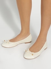 Dune London Cream Standard Fit Hallo Charm Trim Leather Ballet Shoes - Image 1 of 6