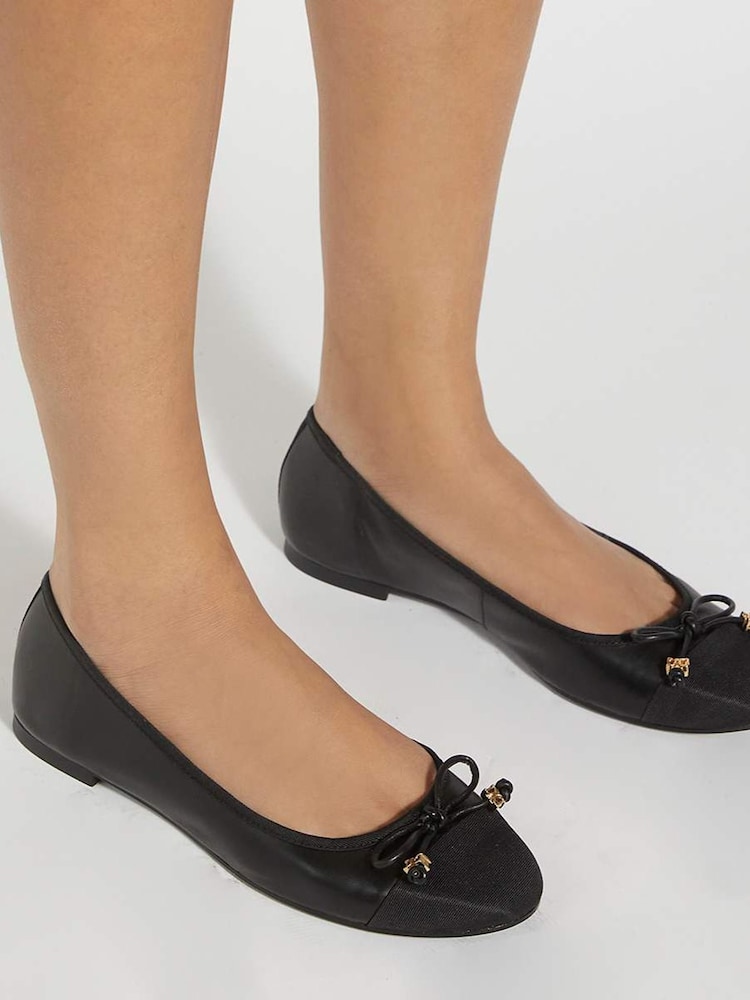 Dune London Charcoal Black Standard Fit Hallo Charm Trim Leather Ballet Shoes - Image 1 of 6