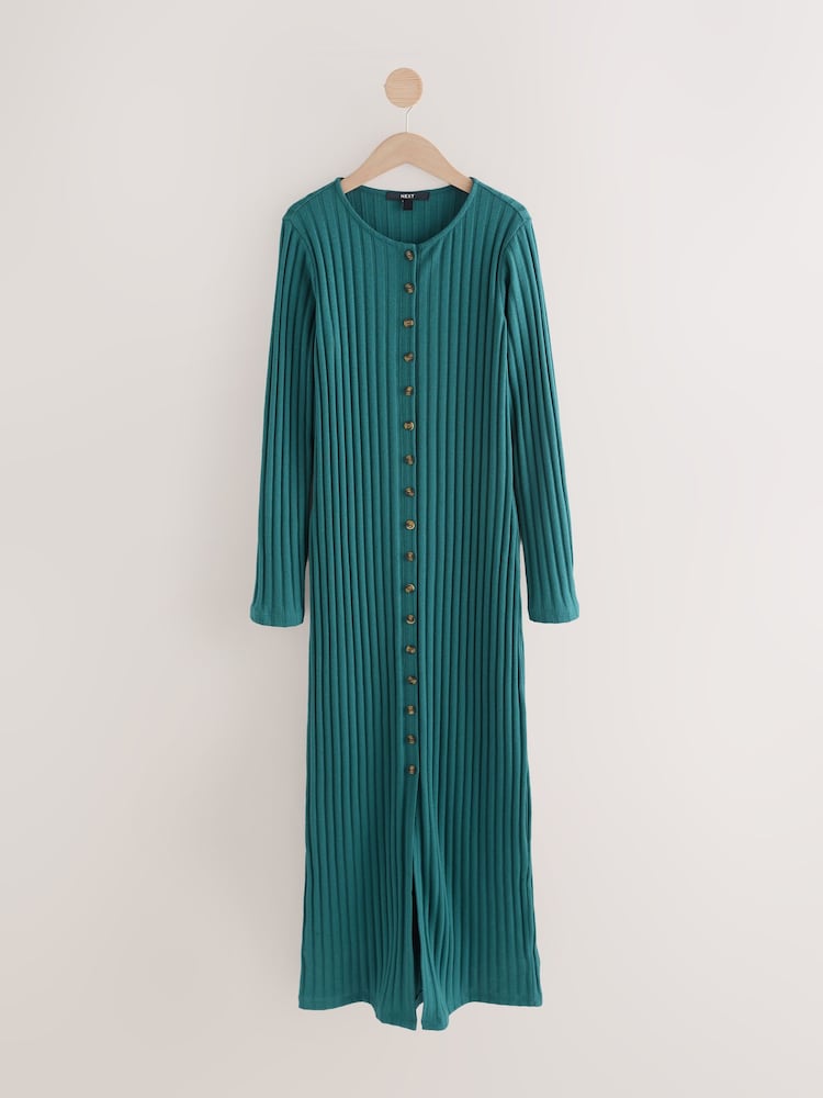 Azul azul-petróleo - Ribbed Long Sleeve Button Down Midi Dress - Imagem 1 de 3