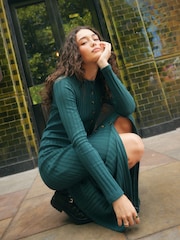 Petrolblau - Ribbed Long Sleeve Button Down Midi Dress - Bild 4 von 8