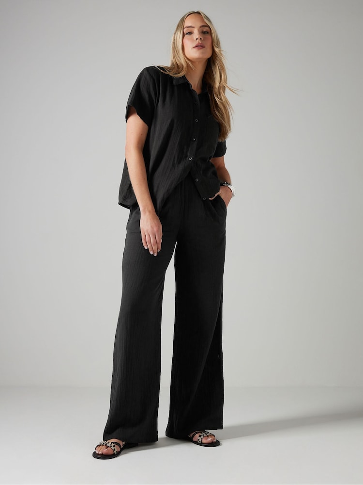 Long Tall Sally Black Cheesecloth Wide Leg 100% Cotton Trousers - Image 1 of 5