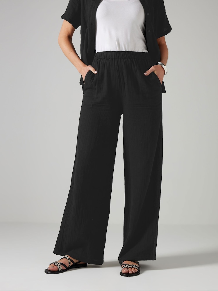 Long Tall Sally Black Cheesecloth Wide Leg 100% Cotton Trousers - Image 2 of 5
