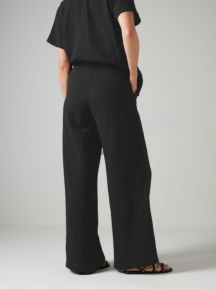 Long Tall Sally Black Cheesecloth Wide Leg 100% Cotton Trousers - Image 3 of 5
