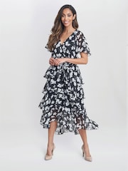 Vestido negro escalonado con cintura elástica Lottie de Gina Bacconi - Imagen 3 de 5