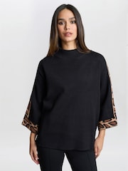 Gina Bacconi Dara Turtle Neck Black Jumper With Leopard Print Trim - Image 5 of 6