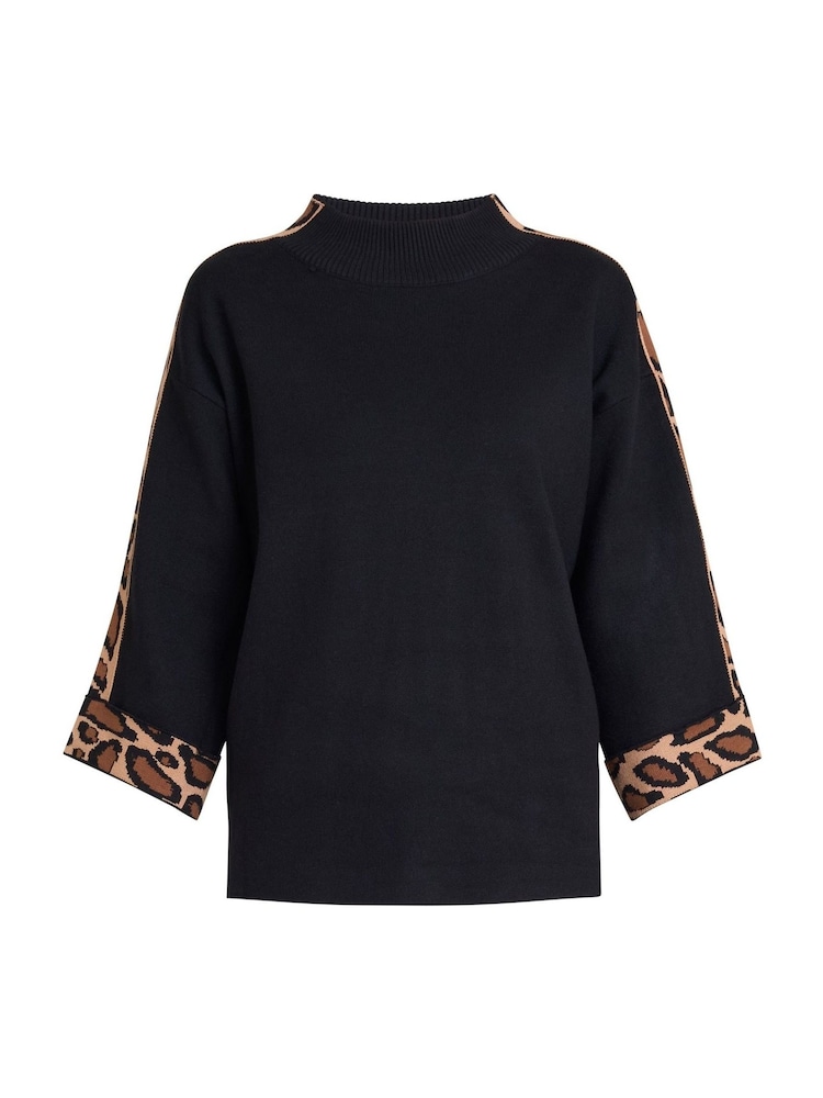 Gina Bacconi Dara Turtle Neck Black Jumper With Leopard Print Trim - Image 6 of 6