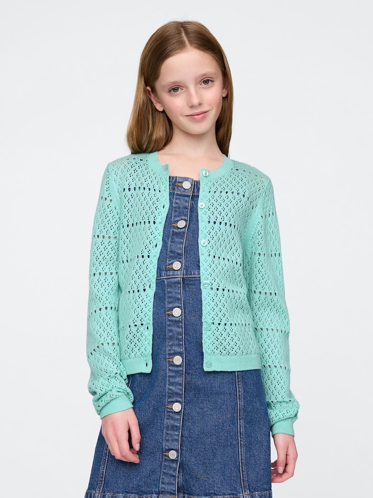 Gap Blue Pointelle Crochet Cardigan (4-13yrs) - Image 1 of 7 Gap Blue Pointelle Crochet Cardigan (4-13yrs) - Image 1 of 7