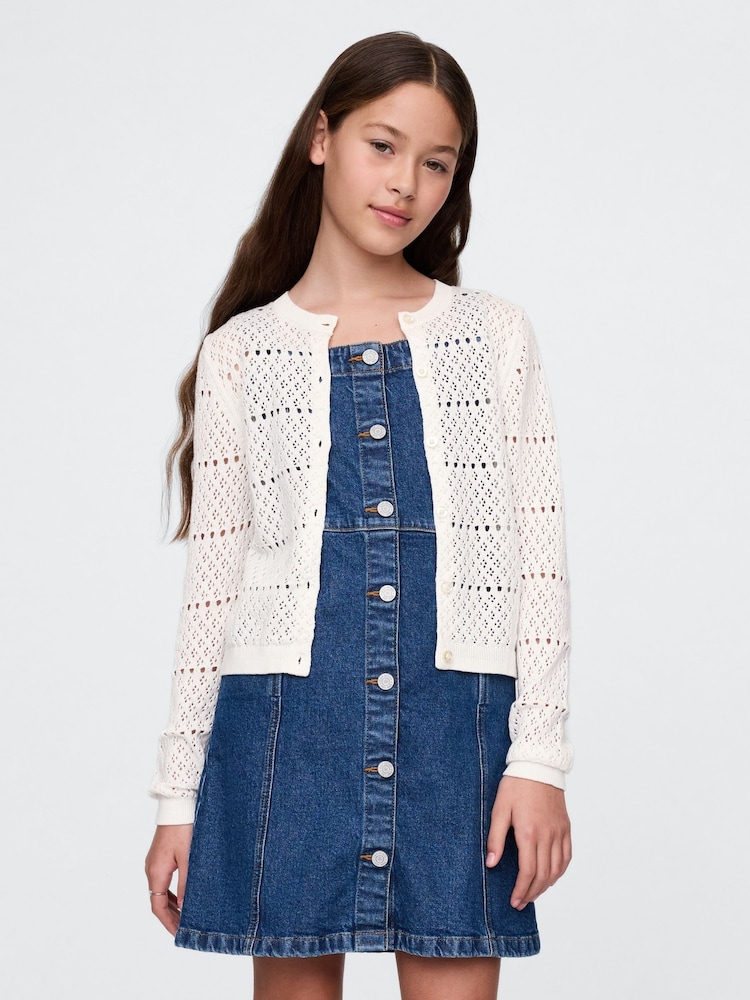 Gap White Pointelle Crochet Cardigan (4-13yrs) - Image 1 of 7 Gap White Pointelle Crochet Cardigan (4-13yrs) - Image 1 of 7