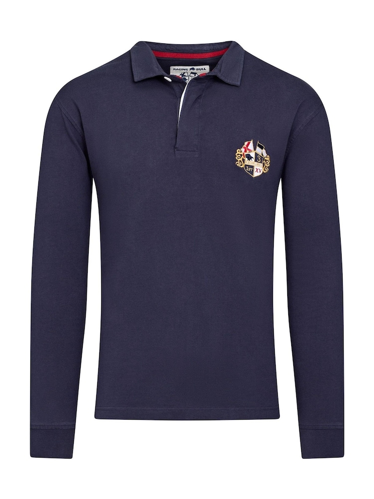 Raging Bull Blue Classic Long Sleeve Rugby 100% Cotton Shirt - Image 4 of 5