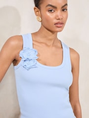 Lipsy Blue Flower Print Trim Detail Rib Vest Top - Image 1 of 4