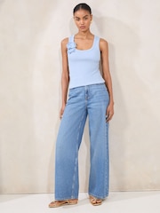 Lipsy Blue Flower Print Trim Detail Rib Vest Top - Image 2 of 4