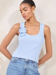 Lipsy Blue Flower Print Trim Detail Rib Vest Top - Image 3 of 4