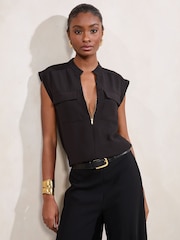 Lipsy Black Zip Front Utility Pocket Blouse - Image 1 of 5