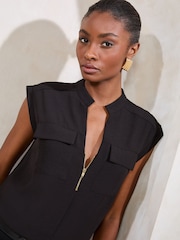 Lipsy Black Zip Front Utility Pocket Blouse - Image 2 of 5