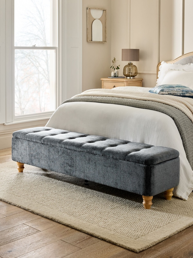 Plush Chenille Slate Blue Hartford Medium Ottoman Blanket Box - Image 1 of 8