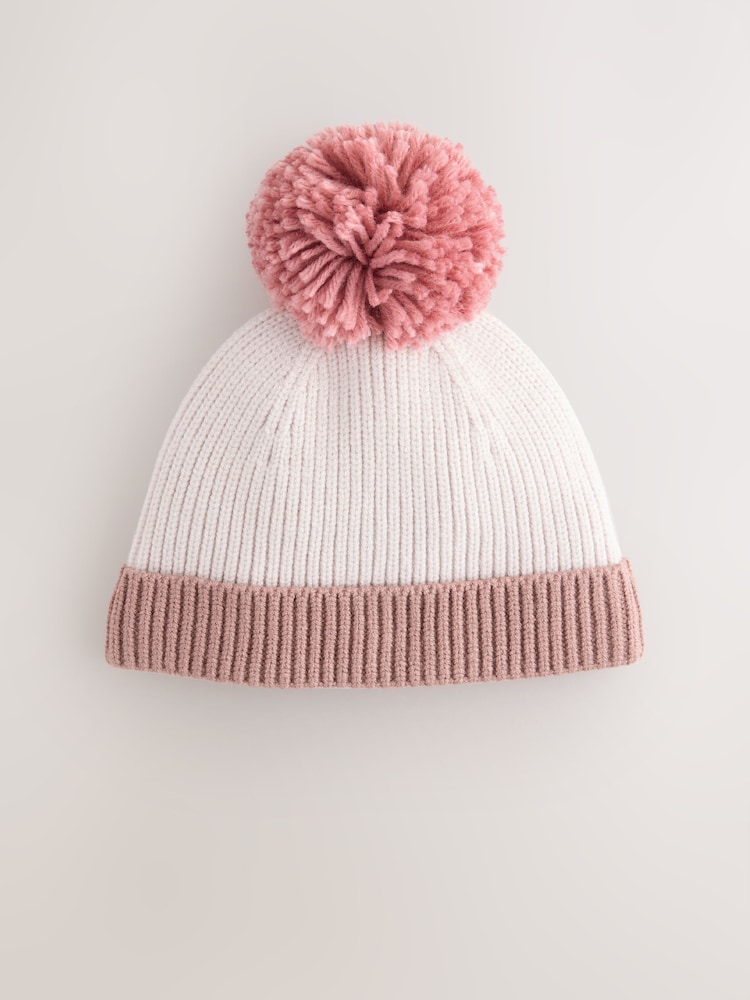 Pink/Cream Colourblock Baby Knitted Pom Beanie (0mths-2yrs) - Image 1 of 3 Pink/Cream Colourblock Baby Knitted Pom Beanie (0mths-2yrs) - Image 1 of 3