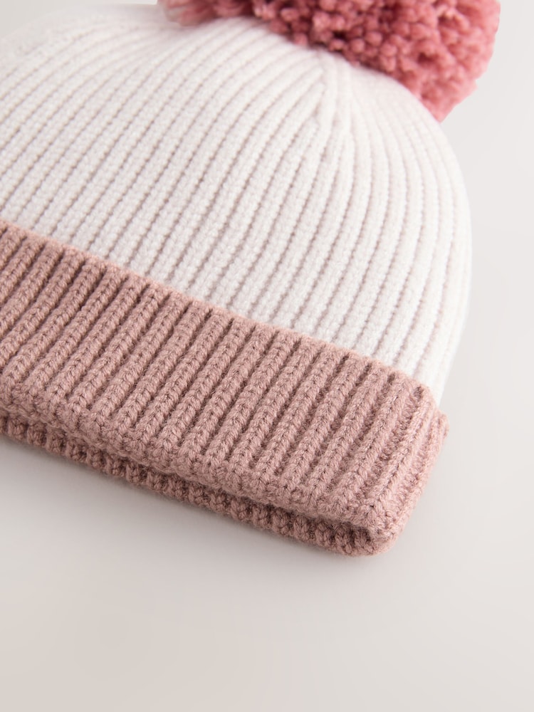 Pink/Cream Colourblock Baby Knitted Pom Beanie (0mths-2yrs) - Image 2 of 3 Pink/Cream Colourblock Baby Knitted Pom Beanie (0mths-2yrs) - Image 2 of 3