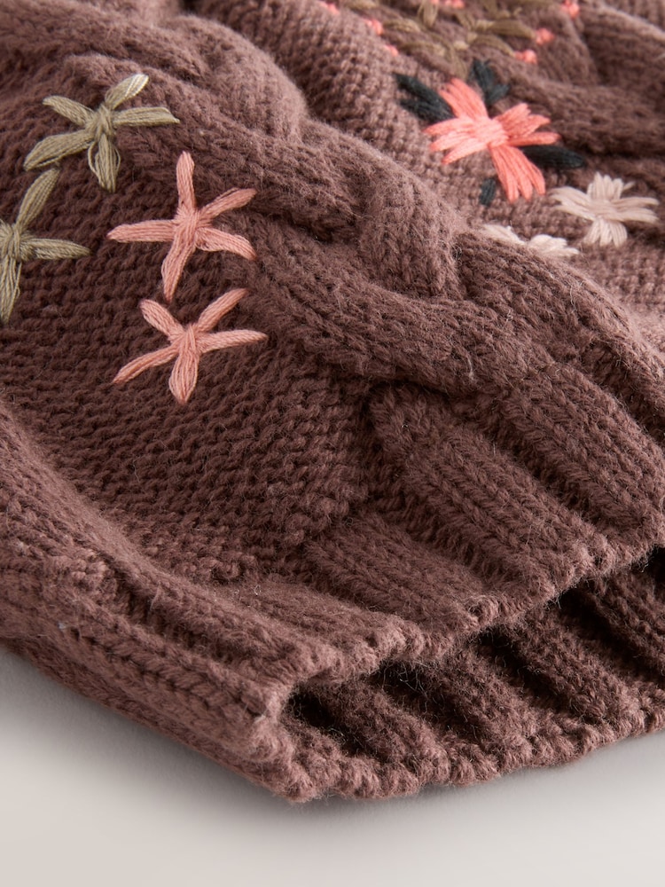 Braun - Floral Embroidered Pom Baby Beanie Hat (0mths-2yrs) - Bild 2 von 3