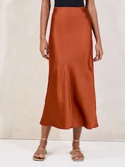 Lipsy Rust Brown Midi Satin Skirt - Image 1 of 4