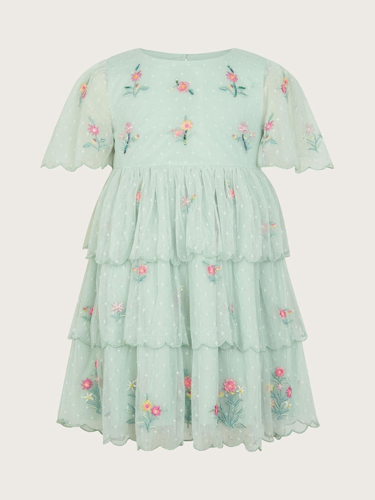Monsoon Green Floral Embroidered Tiered Tulle Dress - Image 2 of 4