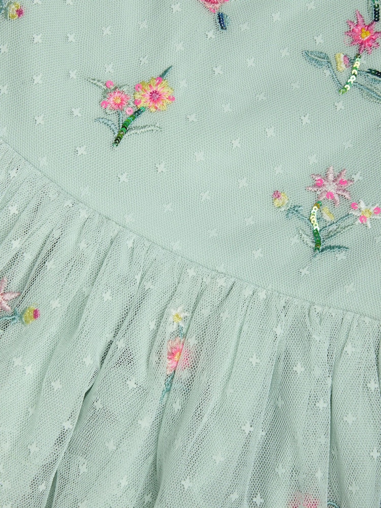 Monsoon Green Floral Embroidered Tiered Tulle Dress - Image 4 of 4