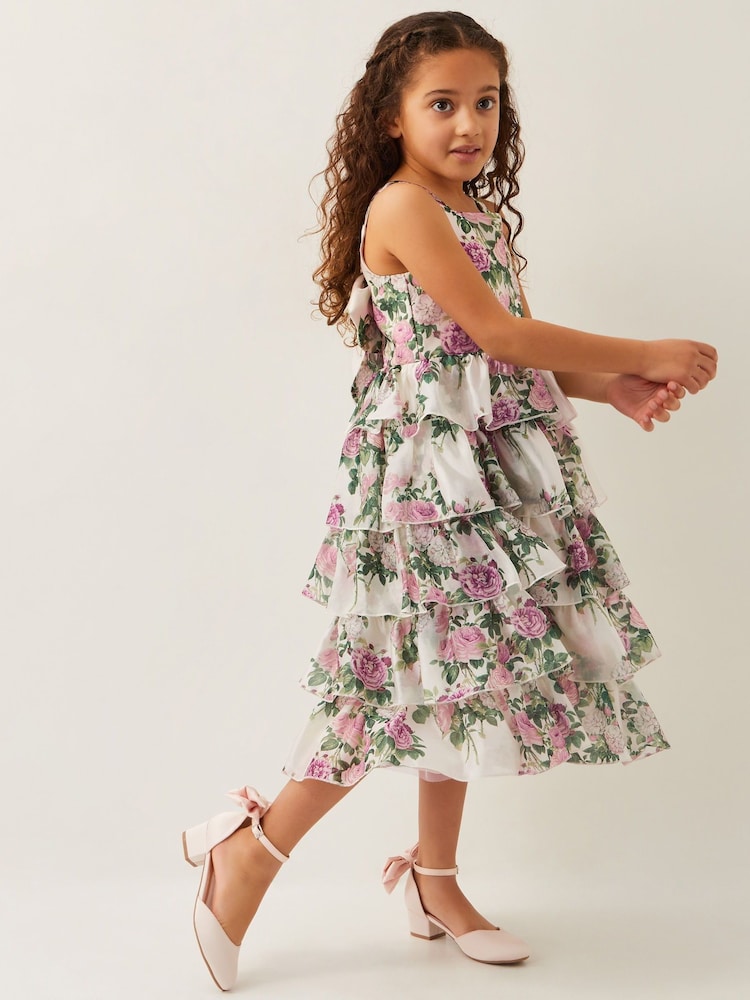 Monsoon Natural Raye Rose Print Organza Ruffle Dress - Image 1 of 4
