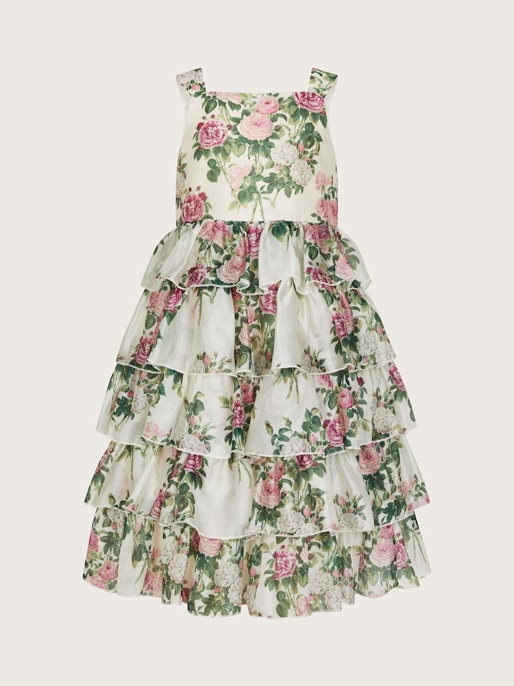 Monsoon Natural Raye Rose Print Organza Ruffle Dress - Image 2 of 4