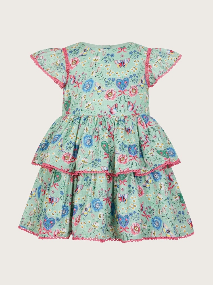 Monsoon Green Baby All-Over Butterfly Print 100% Cotton Dress - Image 1 of 3