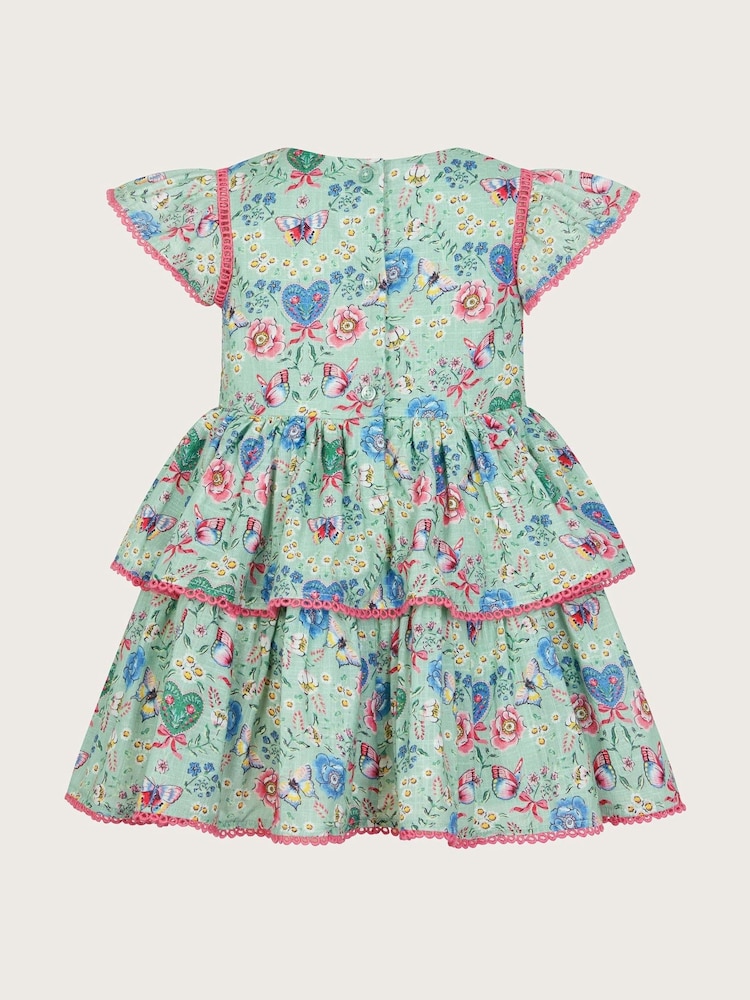 Monsoon Green Baby All-Over Butterfly Print 100% Cotton Dress - Image 2 of 3